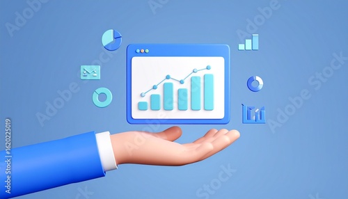 3D slide presentation icon with mini screens and graph elements floating above a hand