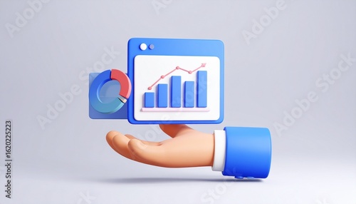 3D slide presentation icon with mini screens and graph elements floating above a hand