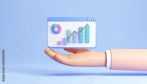 3D slide presentation icon with mini screens and graph elements floating above a hand
