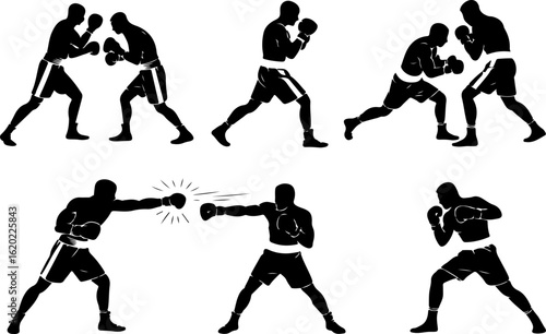 black silhouette vector illustrations of a boxing match in mid-fight