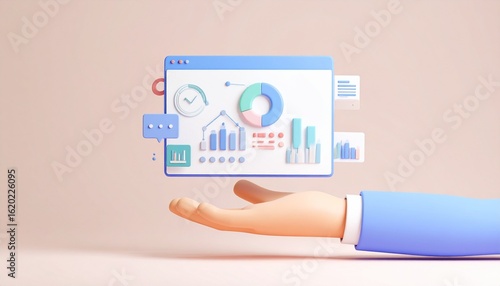 3D slide presentation icon with mini screens and graph elements floating above a hand