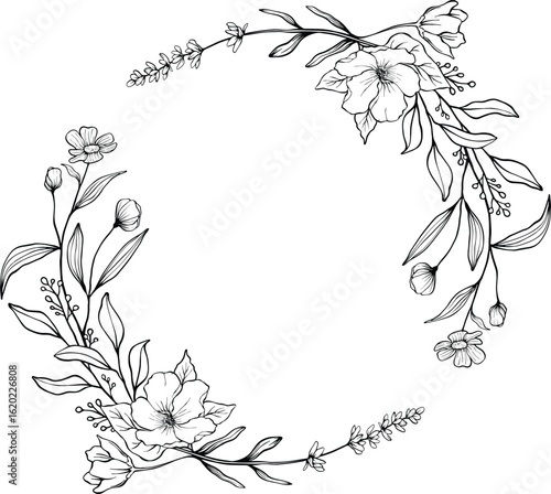 Black and white floral wreath with detailed blossoms, leaves, and branches in a semi circular layout ideal for nature themed content, minimalist design, or seasonal storytelling.