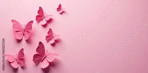 Delicate pink paper butterflies, layered abstract design on pink backdrop, texture, subtlety