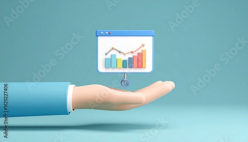 3D slide presentation icon with mini screens and graph elements floating above a hand
