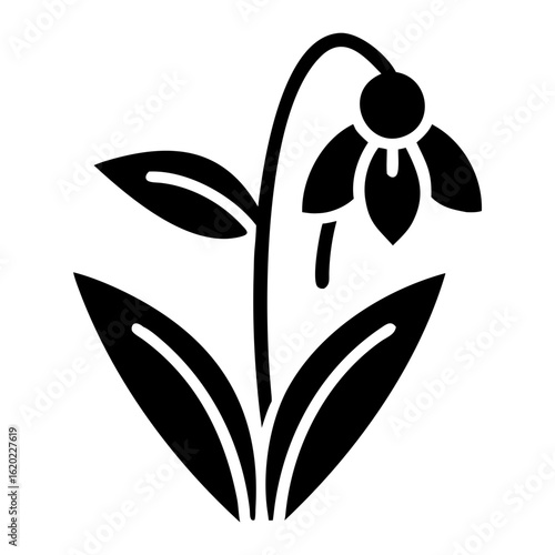Stylized graphic representation of a nodding flower with bold leaves and stem