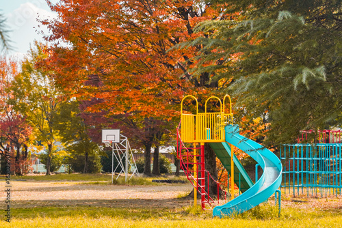 A playground slide and basketball hoop stand in a park with autumn leaves on the trees.