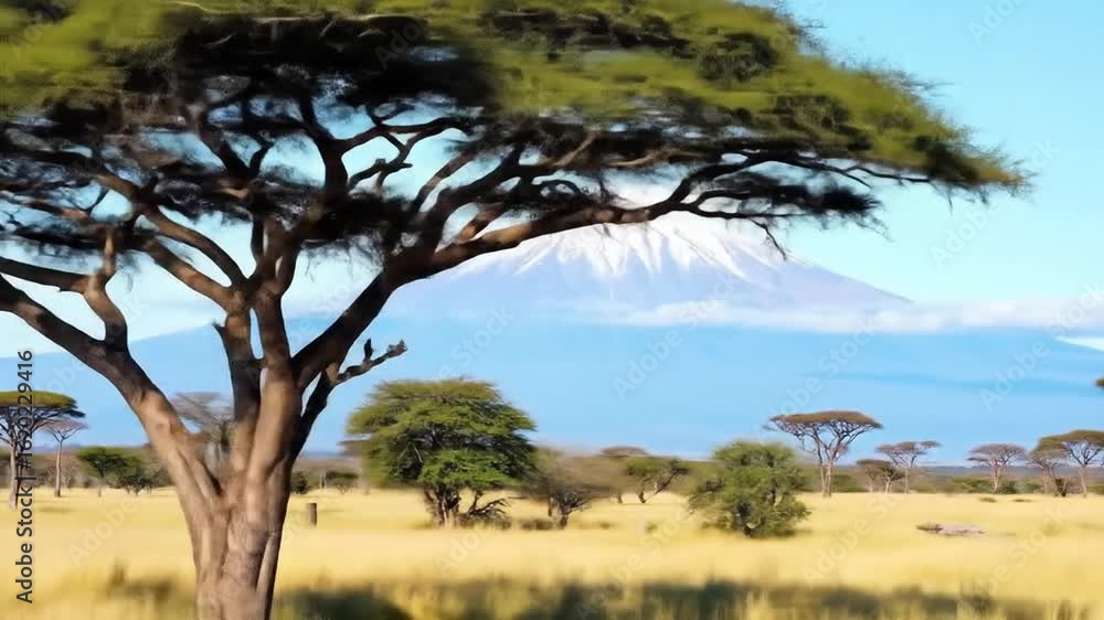 Mount Kilimanjaro Landscape with Golden Grassland and Acacia Trees Mount Kilimanjaro Landscape with Golden Grassland and Acacia Trees
