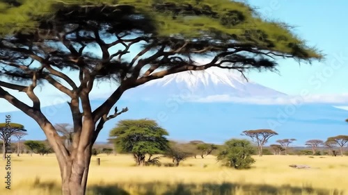 Mount Kilimanjaro Landscape with Golden Grassland and Acacia Trees