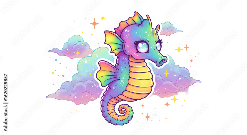 Obraz premium Rainbow Pixel Seahorse in Pastel Clouds