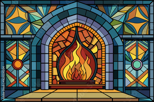 Cozy Fireplace Scene in a Luminous Lined Art Style