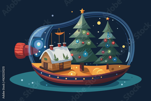 Cozy Christmas Scene Inside a Miniature Ship in a Bottle