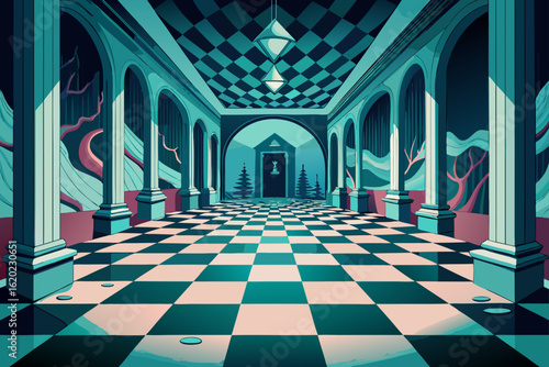 Haunted Ballroom with a Checkered Floor into an Abyss