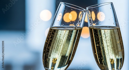 Two Champagne Flutes Clinking with Bubbles and Warm Bokeh Lights in Background
