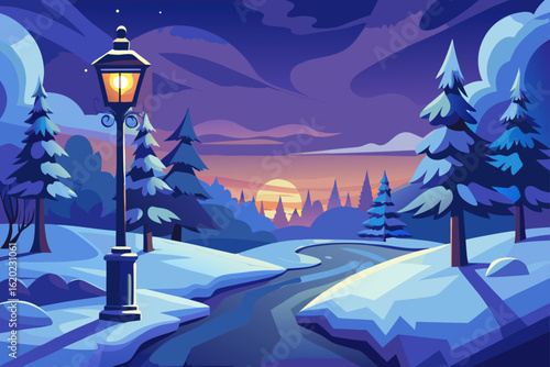 Serene Winter Scene with a Single Unlit Streetlight