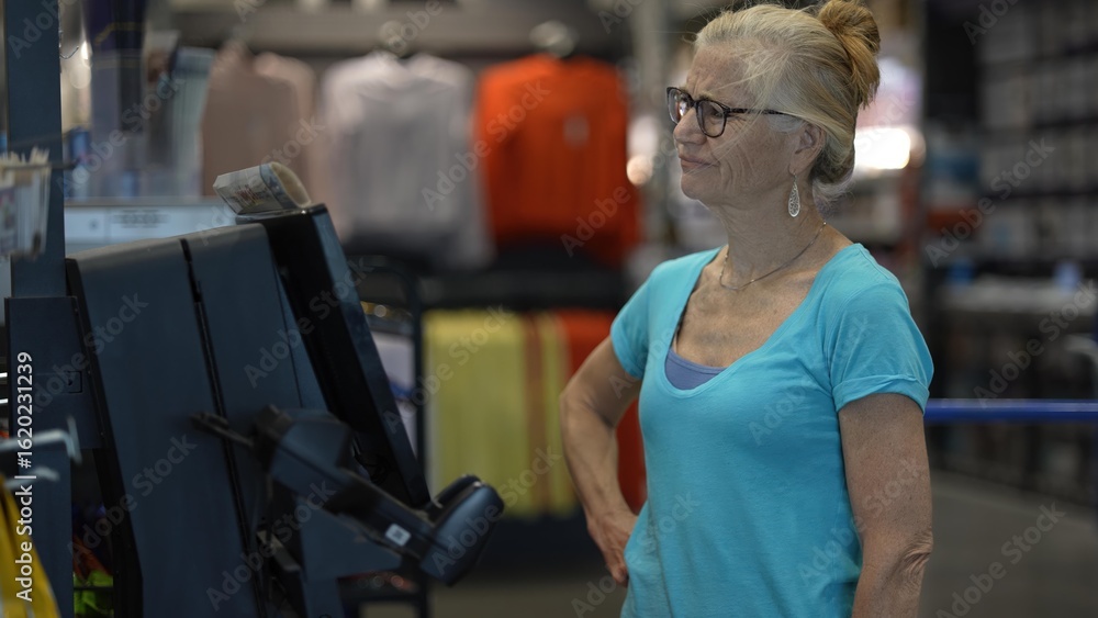 Obraz premium In a hardware store, a frustrated confused mature woman is using a self checkout station, scanning items with a handheld scanner while preparing to complete her purchase.