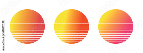 Retro Sunset Gradient Circles, Vintage 80s Style Horizon Silhouette with Horizontal Line Layers for Retro Design and Branding