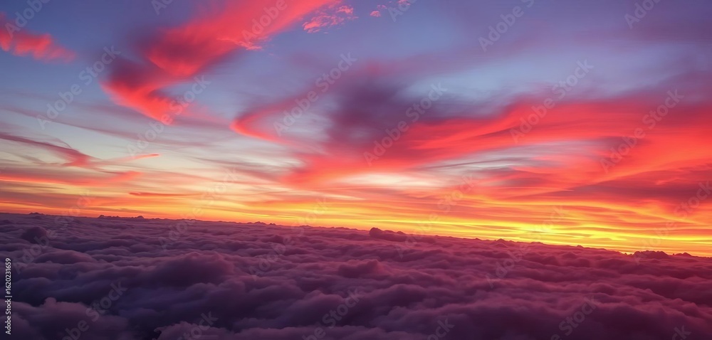 Fototapeta premium Fiery sunset paints vibrant hues across a sea of clouds, serene, evening