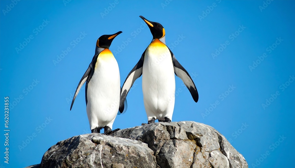 Fototapeta premium Majestic king penguins basking under a radiant sky on rocky promontory in antarctica