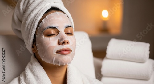 Woman with facial sheet mask and towel turban relaxing in spa