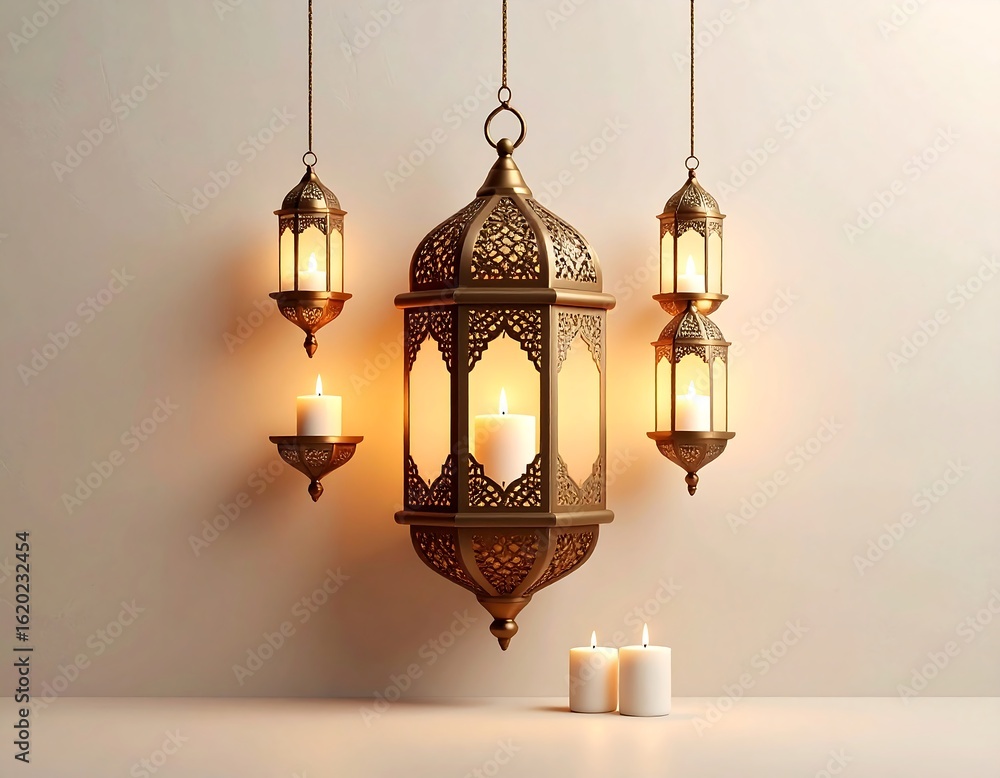 Obraz premium Golden lanterns and candles on light beige background