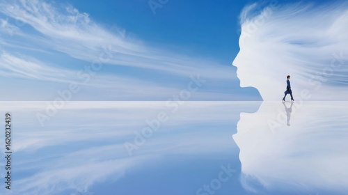 Reflection of self-discovery serene landscape digital art tranquil environment surreal viewpoint inner journey