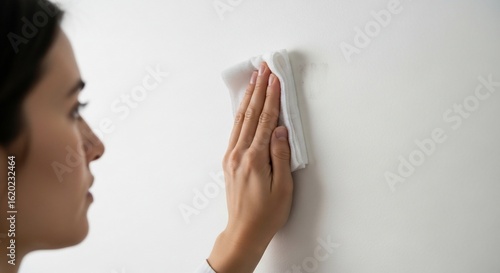 Woman's hand cleaning a white wall with a cloth, close-up