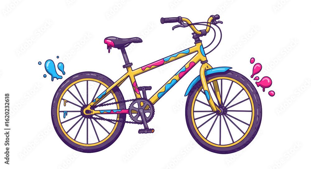 Fototapeta premium Yellow Bicycle with Colorful Paint Splatter Illustration