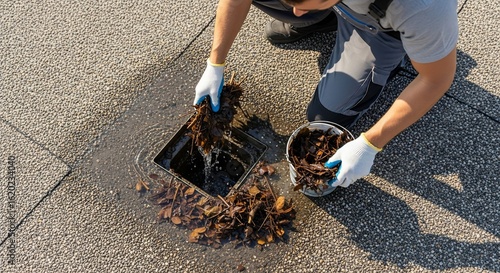 Worker cleaning clogged roof drain with leaves and debris