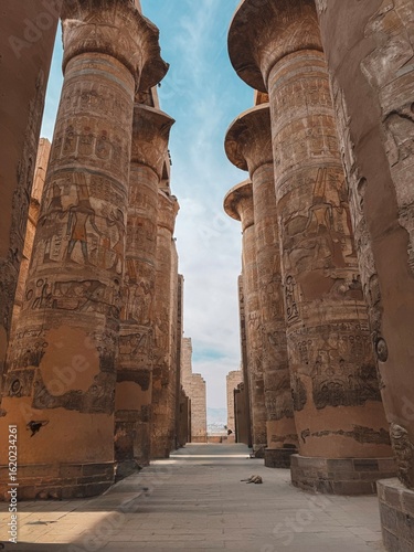Central alley of carved stone pillars inside Karnak Temple, Egypt