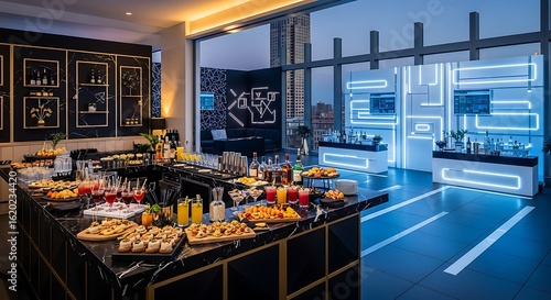 Modern Rooftop Bar Interior with Neon Lighting and Refreshments