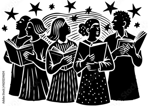 People Singing Christmas Carols – Linocut Vector with Music Notes