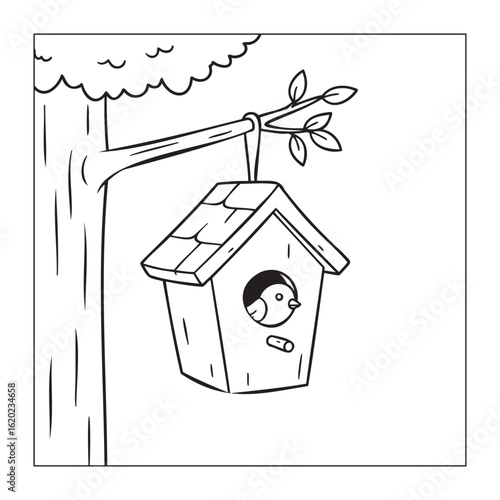 Cute Bird in a Birdhouse Hanging from a Tree, Nature Coloring Page