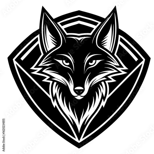 Stylized white fox emblem on black background