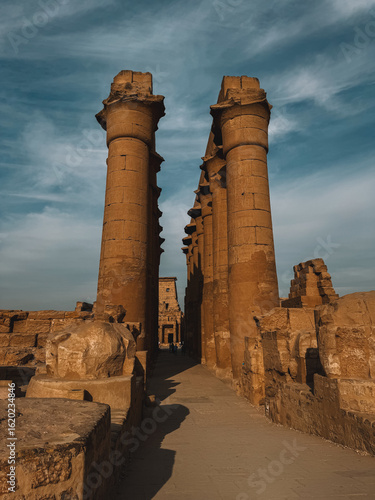 Massive stone columns at the entrance of Luxor Temple, Egypt