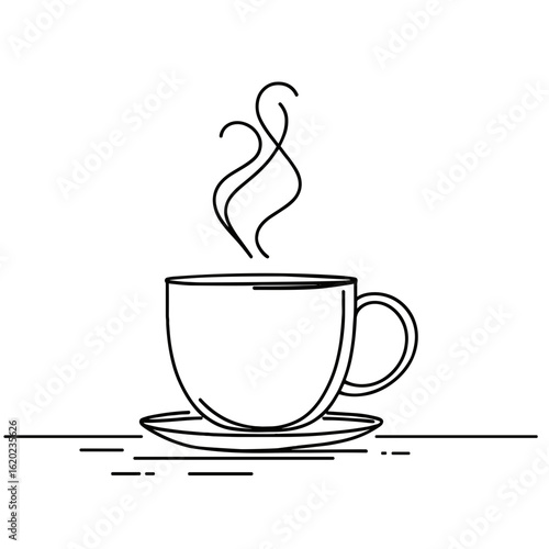 Coffee cup with steam on saucer in minimalist line art style on transparent background   