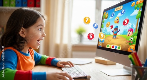 Young girl excitedly plays an educational computer game with colorful characters and numbers