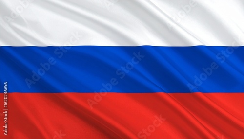 Russian flag with horizontal white, blue, and red stripes symbolizing nobility, honesty, and courage.