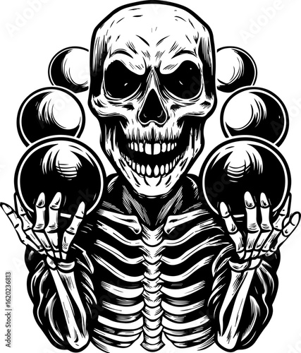 SVG of a skeleton with a sports theme in bold tattoo style. Skeleton Juggling Balls in Black and White Vintage Style Illustration