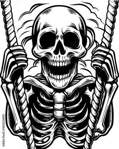 SVG of a skeleton with a sports theme in bold tattoo style. Creepy Skeleton Swinging on a Zipline in Black and White Illustration