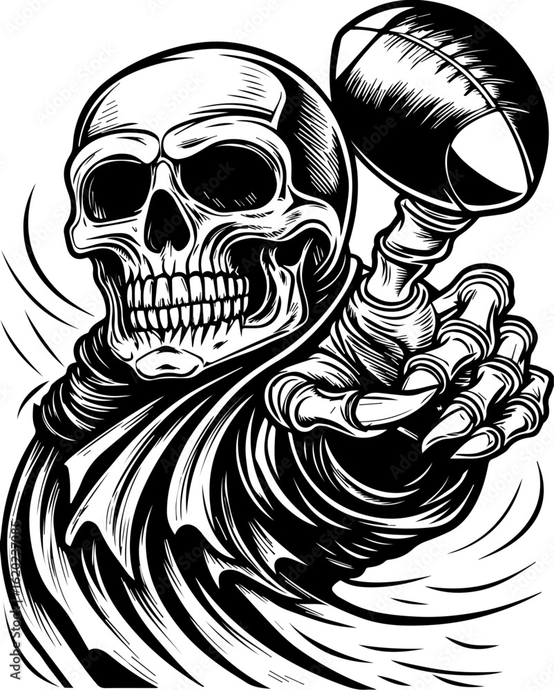 Naklejka premium SVG of a skeleton with a sports theme in bold tattoo style. Skull Throwing Football in Dynamic Action Illustration Style