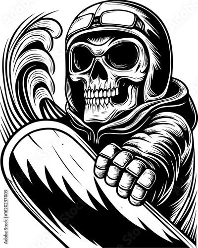 SVG of a skeleton with a sports theme in bold tattoo style. Skull Rider on Snowboard - Thrilling Winter Adventure Graphic