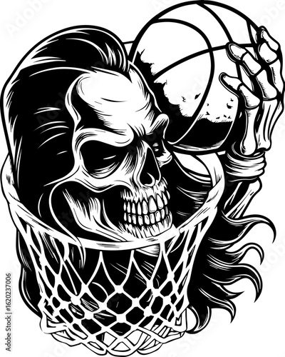SVG of a skeleton with a sports theme in bold tattoo style. Skull in Basketball Net with Ball in Hand for Sport Illustration