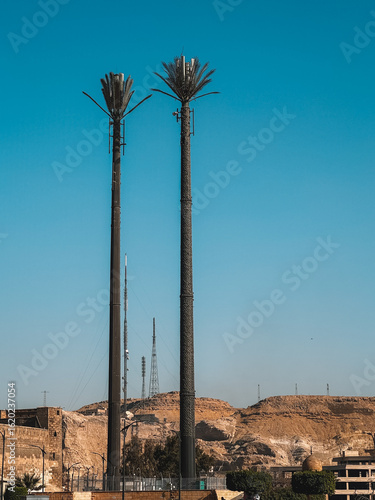Tall antennas and palm trees in Cairo desert landscape