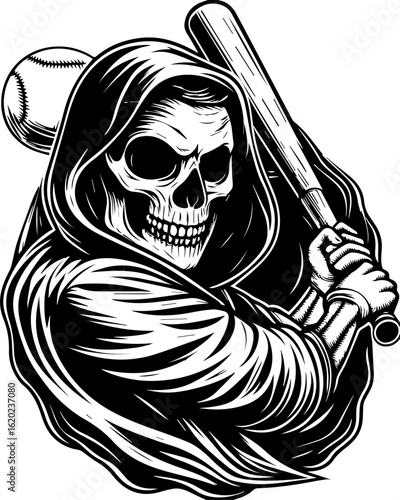 SVG of a skeleton with a sports theme in bold tattoo style. Skull Figure Holding Bat Ready to Swing at Baseball