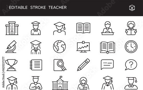 Teacher and Education Editable Stroke Line Icon Set