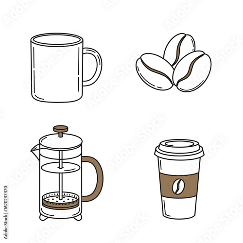 Coffee mug, beans, French press, and takeaway cup on transparent background  