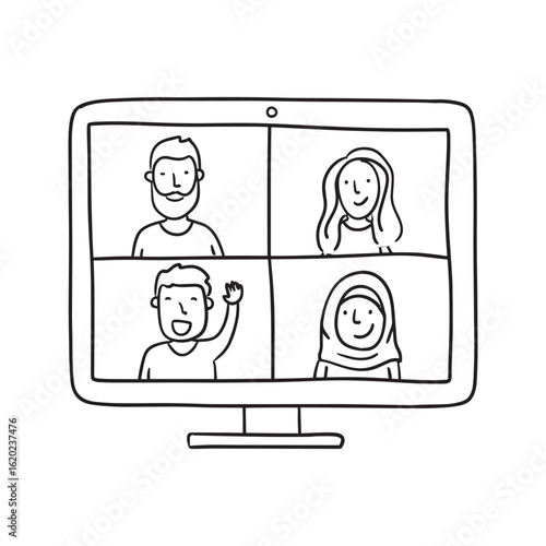 Group Video Call with Diverse People on Computer Screen. Hand-Drawn Illustration of Online Meeting, Virtual Conference, and Remote Team Collaboration