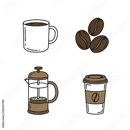 Coffee cup, beans, French press, and takeaway cup on transparent background  