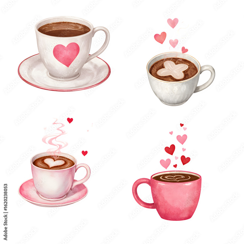Obraz premium Romantic watercolor set of coffee cups with heart-shaped foam art, hand-painted Valentine’s collection, isolated on white background