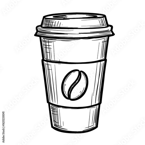 Coffee cup illustration in black and white with a coffee bean logo  